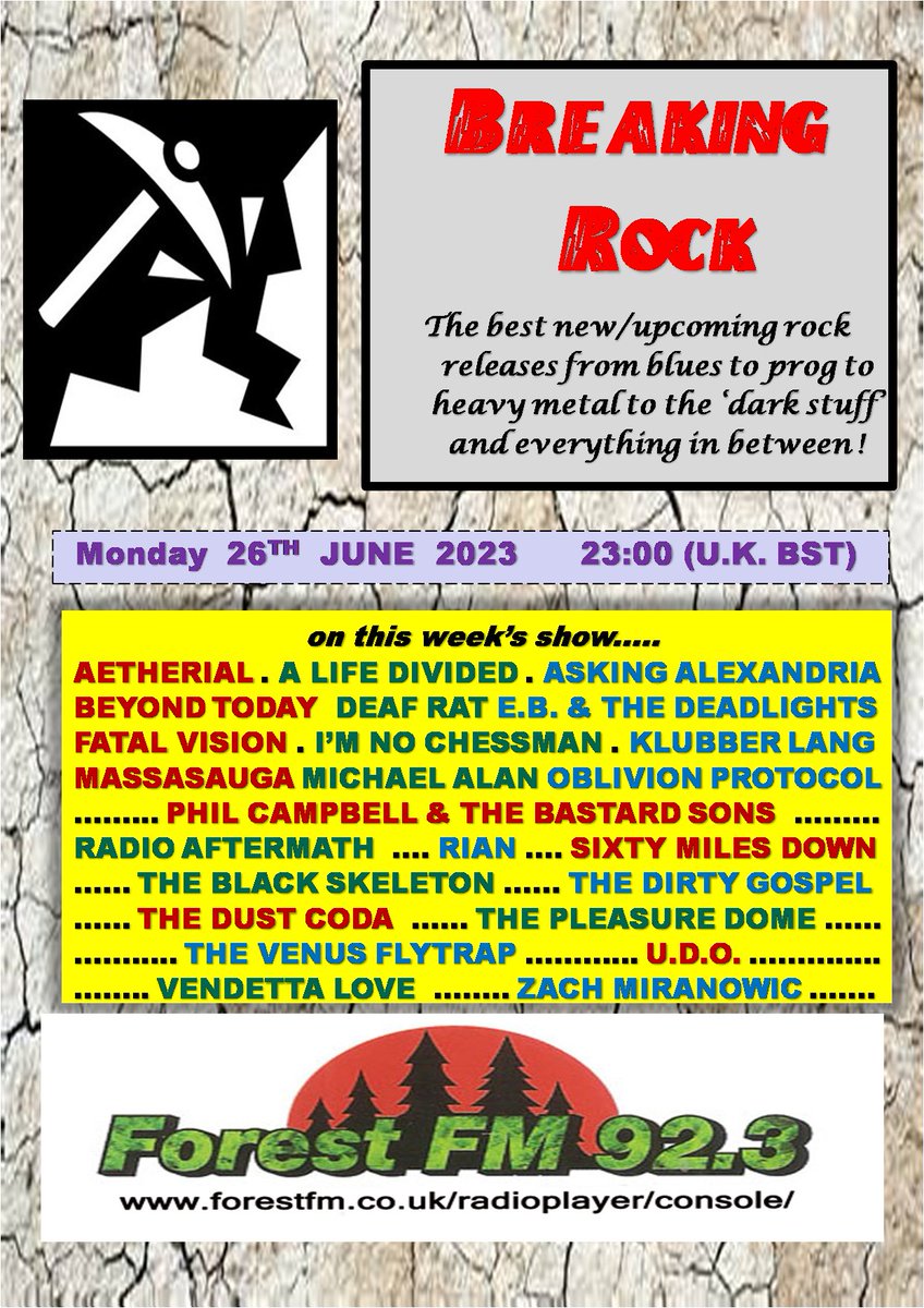 Breaking Rockshow (@pjbreakingrock) on Twitter photo Just announced! <a href="/pjbreakingrock/">Breaking Rockshow</a> #RadioShow <a href="/ForestFM/">Forest FM 92.3</a> today 23:00 (UK) stream forestfm.co.uk/radioplayer/co… + <a href="/TheDirtyGospel_/">The Dirty Gospel</a> <a href="/TheDustCoda/">The Dust Coda</a> @thepleasured0me <a href="/udoonline/">U.D.O. Official</a> <a href="/VendettaLove_/">Vendetta Love</a> <a href="/ZMiranowic/">Zack Miranowic</a> <a href="/Aetherial_Metal/">Aetherial</a> <a href="/beyondtodayband/">Beyond Today</a> <a href="/NoChessman/">I'm No Chessman</a> <a href="/DeadlightsNI/">E.B. & The Deadlights</a> <a href="/PCATBS/">Phil Campbell & TBS</a> <a href="/MASSASAUGA_BAND/">MASSASAUGA</a> + more Just announced! <a href="/pjbreakingrock/">Breaking Rockshow</a> #RadioShow <a href="/ForestFM/">Forest FM 92.3</a> today 23:00 (UK) stream forestfm.co.uk/radioplayer/co… + <a href="/TheDirtyGospel_/">The Dirty Gospel</a> <a href="/TheDustCoda/">The Dust Coda</a> @thepleasured0me <a href="/udoonline/">U.D.O. Official</a> <a href="/VendettaLove_/">Vendetta Love</a> <a href="/ZMiranowic/">Zack Miranowic</a> <a href="/Aetherial_Metal/">Aetherial</a> <a href="/beyondtodayband/">Beyond Today</a> <a href="/NoChessman/">I'm No Chessman</a> <a href="/DeadlightsNI/">E.B. & The Deadlights</a> <a href="/PCATBS/">Phil Campbell & TBS</a> <a href="/MASSASAUGA_BAND/">MASSASAUGA</a> + more
