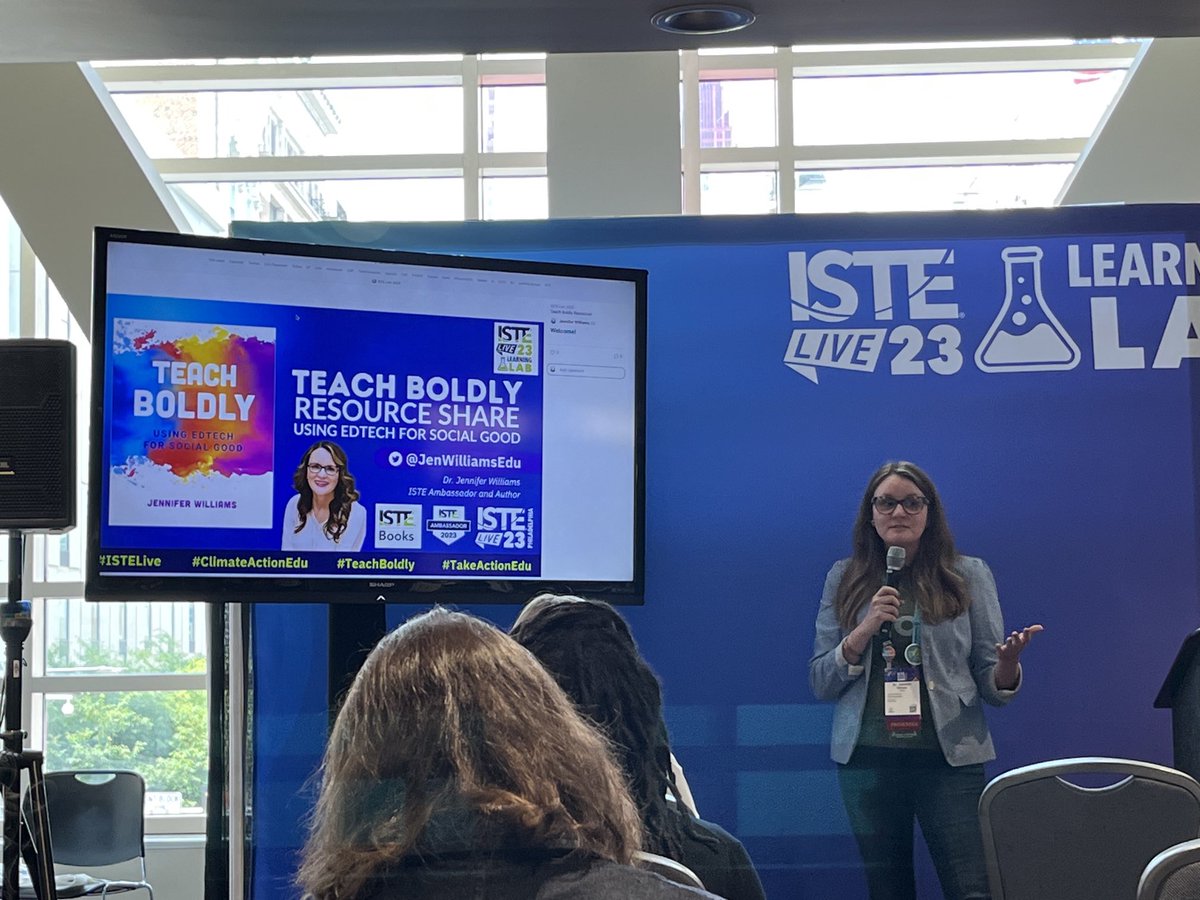 #TeachBoldly!! Great listening to @JenWilliamsEdu at the #ISTElive Learning Lab! Awesome to talk about global collaboration and social good.
