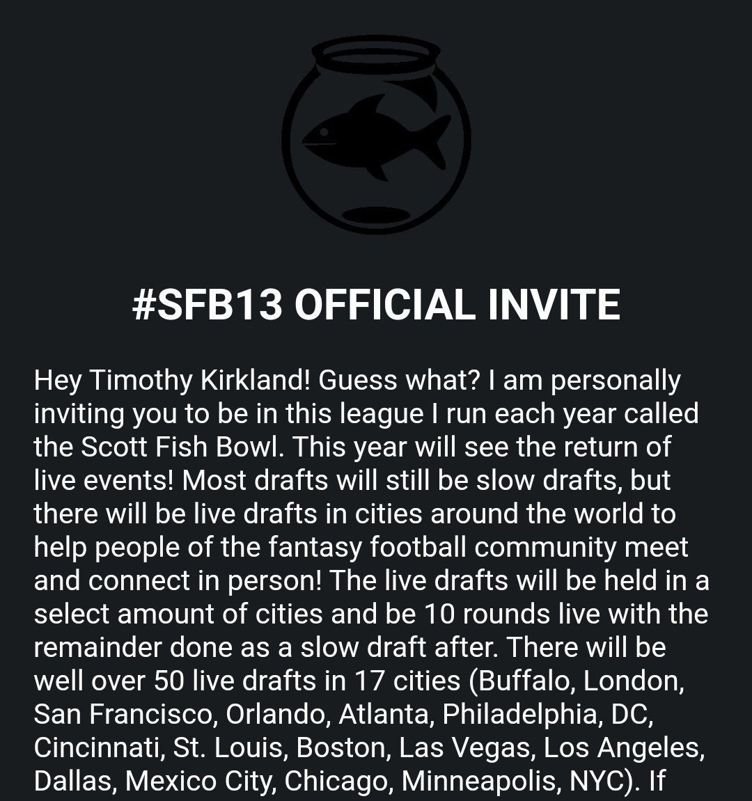 What a way to start the week! Thank you to @ScottFish24 and the team for everything they do. Special thanks to @RyanMc23 , @Spydes78  , and everyone in the hopefuls chat for helping so many of us get in. Please check out @FantasyCaresOrg and consider getting involved! #SFB13