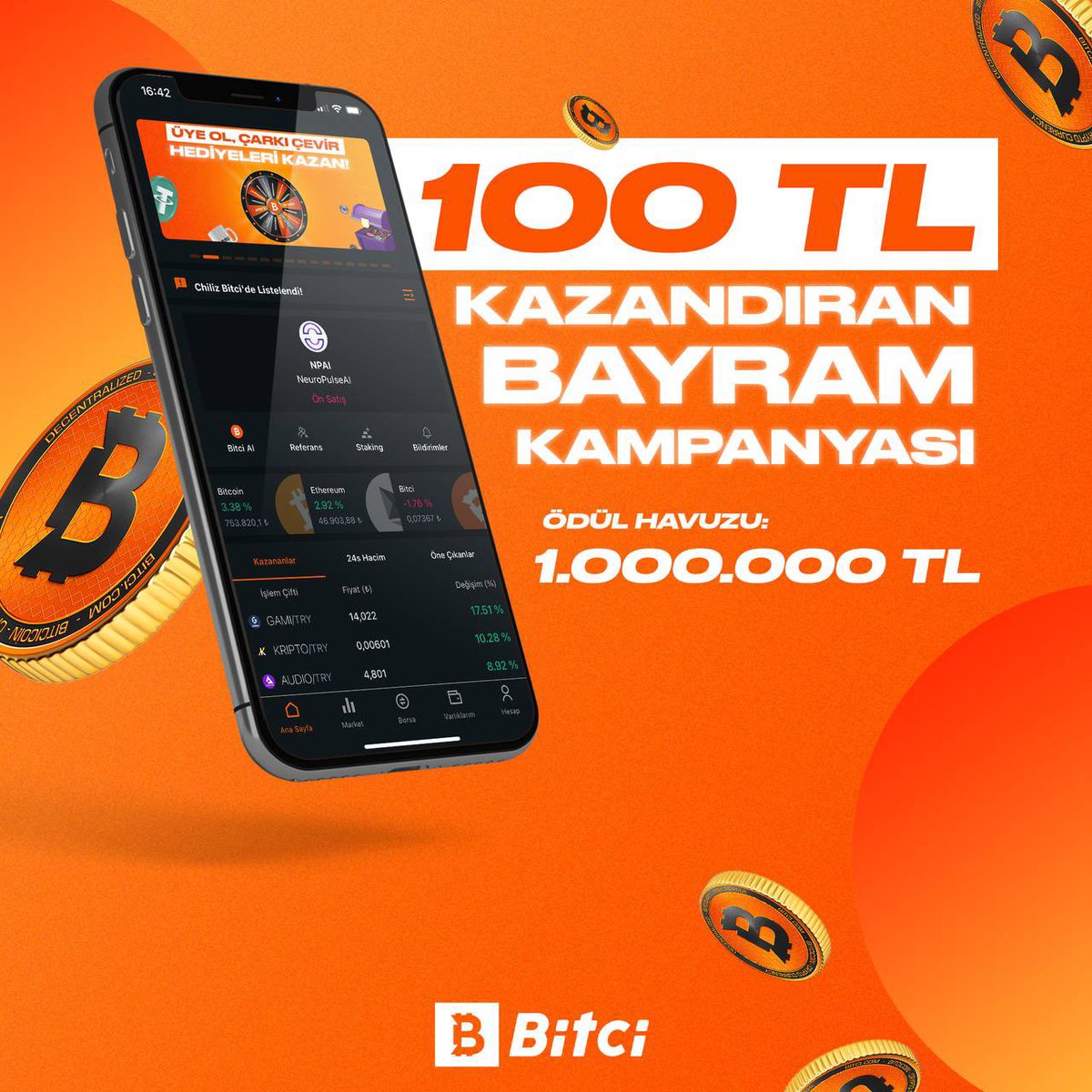 Bitci'den yeni üye bayramı.
Yeni Üyeye 100₺, Referans Sahibine 50₺

Şartlar:
Linkten üye ol, 👇
herhangi bir TRY paritesinde 100₺ değerinde hacim yap ve 48 saat içerisinde çekilebilir 100₺ 
bitci.com.tr/account/regist…