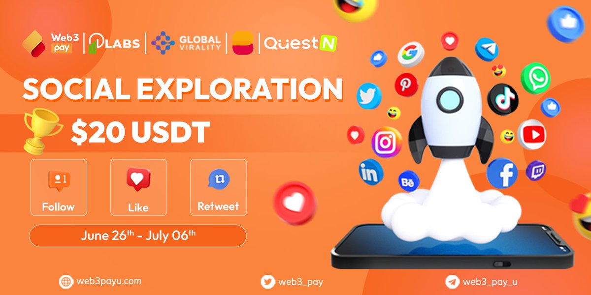 web3_pay's tweet photo. 🎉🎉 @web3_pay X @beedutech  X @Global_Virality X @plabstech - Partnership Social Exploration Event

Event Details: 
🌐 Event Link 1:  
https://t.co/KZQCQz9FLw
🌐 Event Link 2:
https://t.co/djhBWB3Nav
📅 Event Date: June 26 - July 6
🎁Event Reward: 20 USDT for 20 Lucky Players

Task Require in the event: 
1. Follow https://t.co/ty2bOXo1Je / Beedutech / Global Virality / PLABS Twitter
2. Retweet / Like our tweet 

Join us for an exciting collaboration between https://t.co/ty2bOXo1Je, Beedutech, Global Virality, and PLABS in our Partnership Social Exploration Event. This event aims to bring together the best of blockchain technology, education, marketing, and innovation to create an immersive and engaging experience for our community.

Together, https://t.co/ty2bOXo1Je, Beedutech, Global Virality, and PLABS are committed to fostering collaboration, education, and innovation within the blockchain industry. We look forward to your active participation in the Partnership Social Exploration Event.

#Web3PayU #Beedutech #GlobalVirality #PLABS #PartnershipEvent #BlockchainInnovation #collaboration
