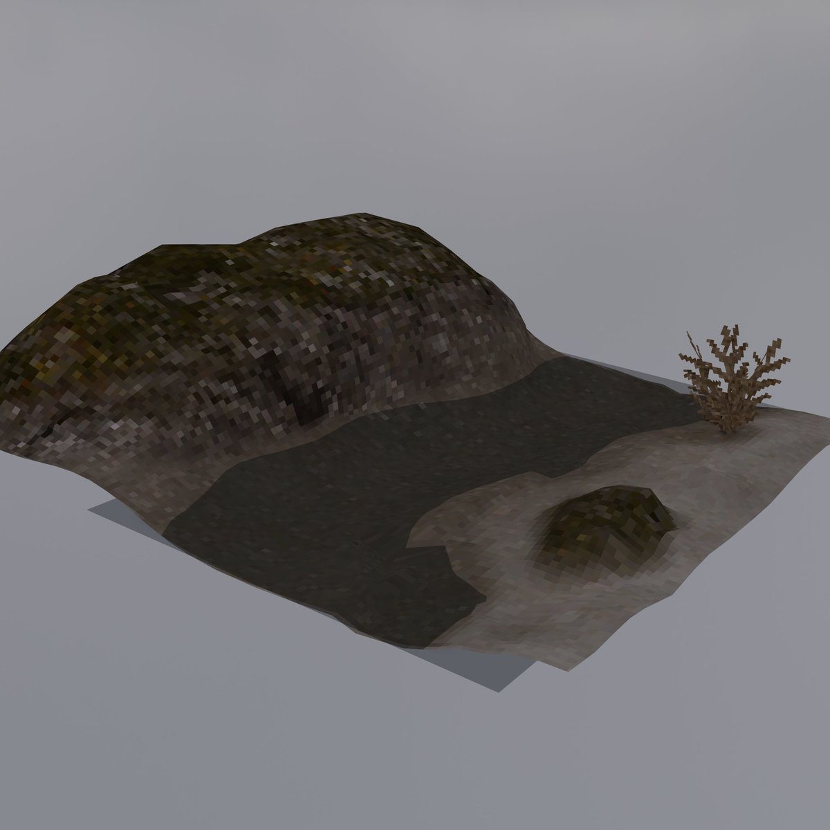 I'm working on a new texturing workflow for painting environmental terrain using overlaying masks. I'm happy with the results so far! This quick test is for a coastal area where the game begins. I'll post more soon. #lowpoly #IndieGameDev #PSX