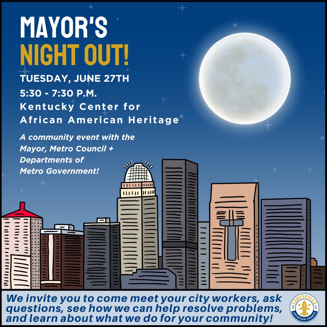 The next Mayor’s Night Out is tomorrow, June 27th, from 5:30 - 7:30 at <a href="/kygriot/">KCAAH</a>! This is a free opportunity for the public to come meet all the departments and people who help run our city. We’ll be there to answer questions, take suggestions, offer advice, and hear your voice.
