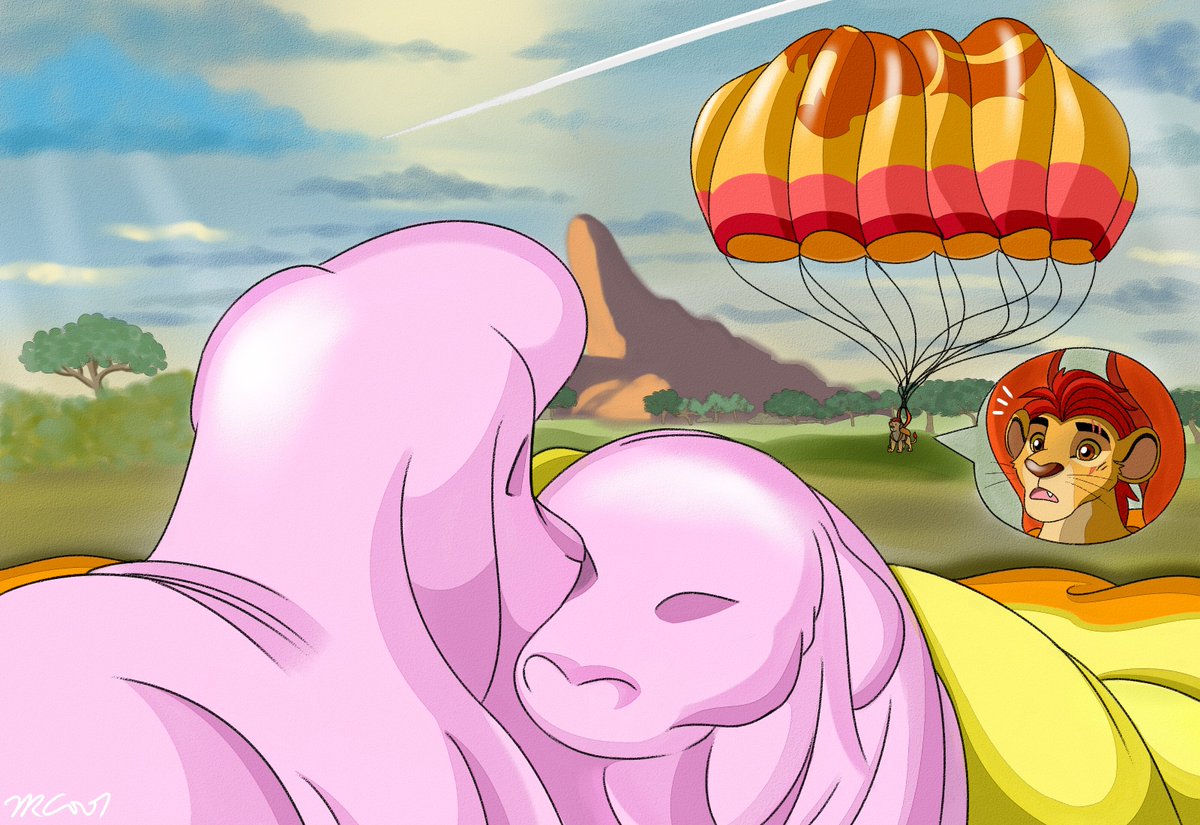 trc001art's tweet photo. While on an evening skydiving excursion, Princess Kiara has somehow managed to ambush her mate Kovu from the air! While the two 'catch up' under her canopy, her little brother Kion, former leader of the Lion Guard, can't seem to help but wonder what they're up to.
#TheLionKing https://t.co/KGtzEQIfXT