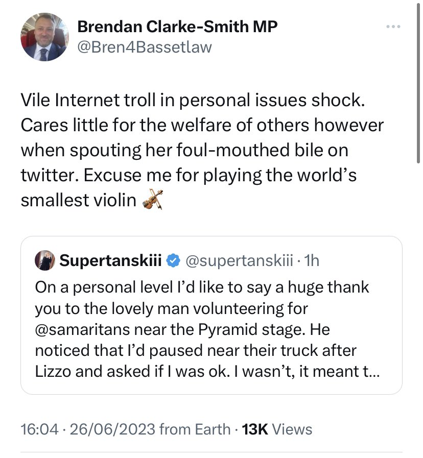 Seems a certain MP needs to be reported for a personal attack on someone admitting that they had a MH event at Glastonbury and were helped by the Samaritans

What message does this send to those with MH issues that he represents
#ToriesOut354 #GeneralElectionNow