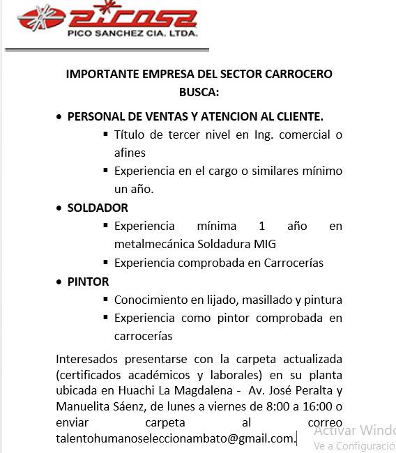 Ec_Comunicador's tweet photo. #Empresas | Oportunidad laboral
Carrocerías #PICOSA te busca para estos trabajos👇

- Personal de ventas y atención al cliente
- Soldador
- Pintor
Más información en la planta ubicada en Huachi La Magdalena, talentohumanoseleccionambato@gmail.com
#Ambato #Tungurahua #TrabajoSiHay https://t.co/BSUKJXfzVI