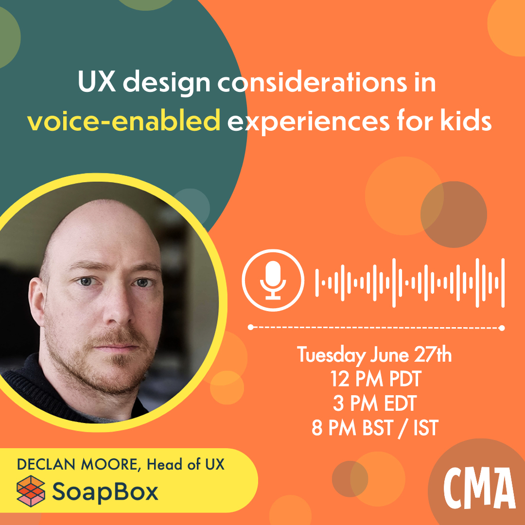 SoapBox Labs (@soapboxlabs) on Twitter photo 🎤 Calling all #kidtech & #voiceUX fans! Tomorrow, learn how to design engaging and impactful voice-enabled experiences for kids with our Head of UX, Declan Moore, and host <a href="/360KID/">Scott Traylor</a> at this <a href="/cma/">Children's Media Association</a> event
Register 👉 hubs.li/Q01VPcgX0 🎤 Calling all #kidtech & #voiceUX fans! Tomorrow, learn how to design engaging and impactful voice-enabled experiences for kids with our Head of UX, Declan Moore, and host <a href="/360KID/">Scott Traylor</a> at this <a href="/cma/">Children's Media Association</a> event
Register 👉 hubs.li/Q01VPcgX0