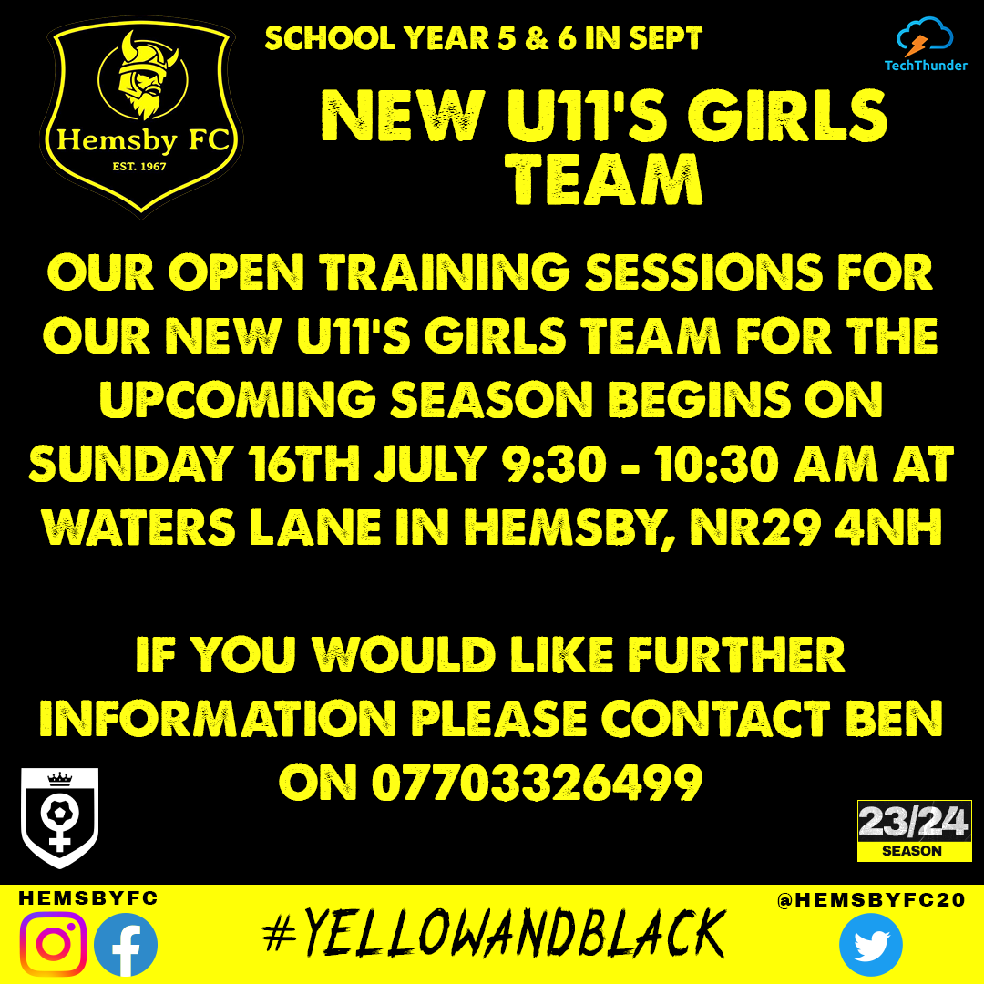 HemsbyFC20's tweet photo. 💛🖤U11's GIRLS OPEN TRAINING🖤💛 Open training sessions for our new U11's girls team will begin on Sun 16th July, 9:30-10:30am at Waters Lane, Hemsby. Feel free to pop along. For more info please give Ben a call 👇 #hemsbyfc #u11s #newteam #youthfootball #girlsfootball https://t.co/0Ul5cgH2Qf