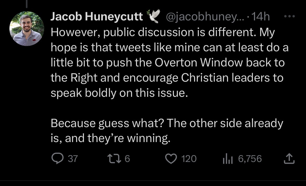 Imagine living in the US in 2023, watching conservative state legislatures outlaw being trans and criminalize the sharing of books with 'woke ideology', and thinking, "the Overton window is skewing too far to the left and, by golly, I need to be brave and say something."