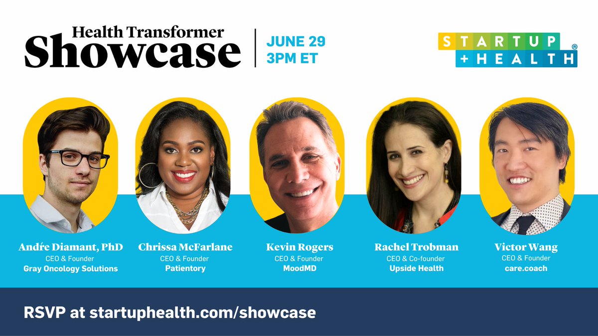 Join us this Thu, Jun 29, to spend an hour meeting entrepreneurs from StartUp Health's global army of #HealthTransformers:

🌟 <a href="/grayoncology/">Gray Oncology Solutions</a> 
🌟 <a href="/patientory/">Patientory, Inc.</a> 
🌟 <a href="/MoodMDNeurotech/">MoodMD</a> 
🌟 Upside Health (<a href="/joinourbranch/">joinourbranch</a>)
🌟 <a href="/careDOTcoach/">care.coach</a> 

Request an invite ➡️ ow.ly/io2250ONkiA