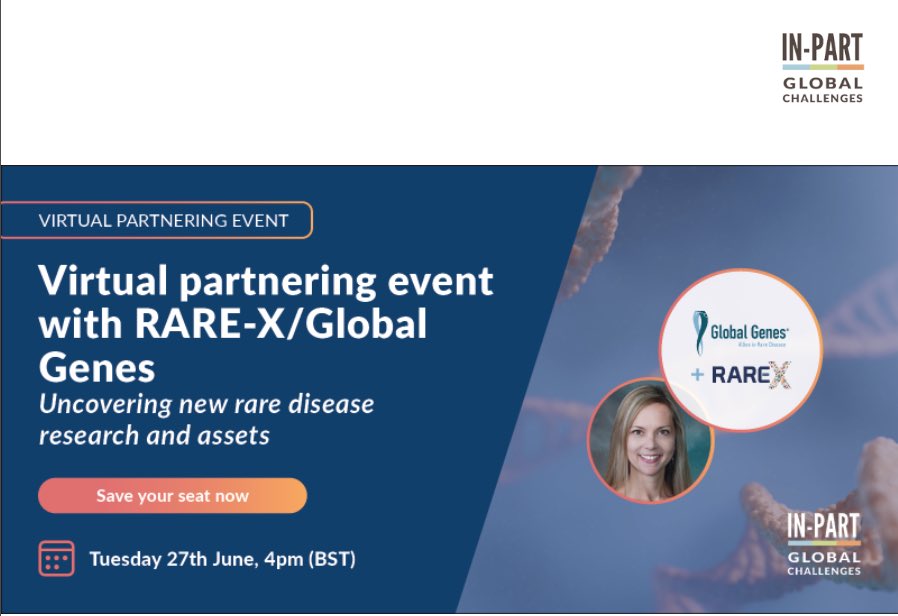 Join us for a webinar on Tue, June 27th @ 4pm GMT, hosted by @IN_PART as part of their #RareDiseases Global Challenges campaign! Discover our data-sharing platform, approaches to partnering & collab opportunities. Secure your spot: go.globalgenes.org/in-part #genetherapy