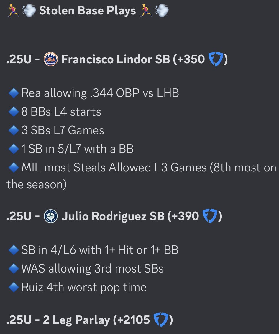 🏃‍♂️💨 Stolen Base Plays w/ @ThePropfessor_ 

👟 (NYM) Francisco Lindor (+350)
👟 (SEA) Julio Rodriguez (+390)

🎰 SB Parlay (+2105)

Love these 2 spots. See why we like them below ⬇️ 

#GamblingTwitter #PlayerProps #MLB