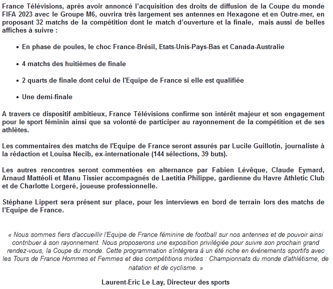 EnPleineLucarne's tweet photo. Dispositif TV de France TV pour le Mondial féminin de football du 20/07 au 20/08.
32 matchs dont le match d’ouverture et la finale,  France-Brésil, 4 matchs des huitièmes de finale,
2 quarts dont celui de l'Equipe de France si elle est qualifiée et 1 demi-finale (hors France) 👇 https://t.co/xHRsqNAKdC