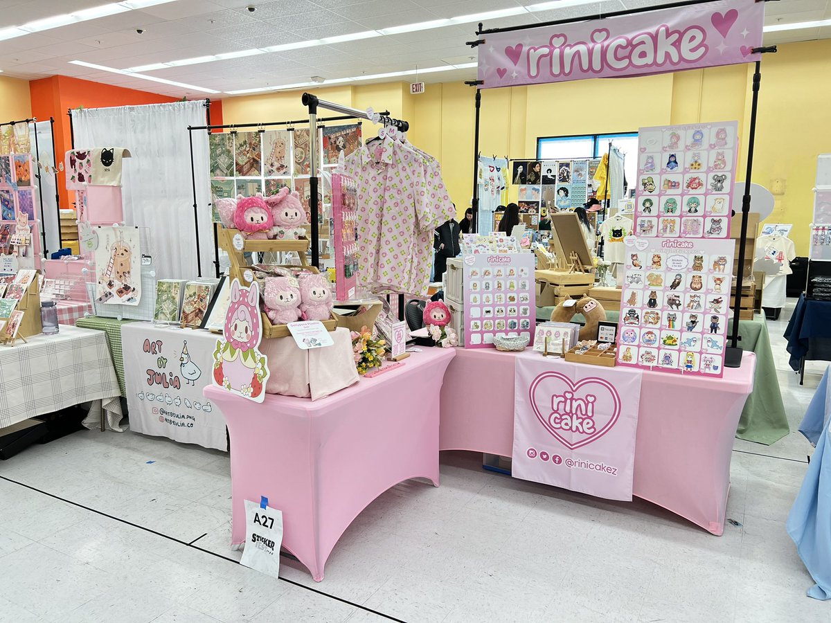 rinicakez's tweet photo. Set up from Sticker Fest this past weekend! Thanks to everyone who stopped by and bought stickers, pins or adopted a Dollypaca plushie 💖 https://t.co/Z3pt5DYP3j