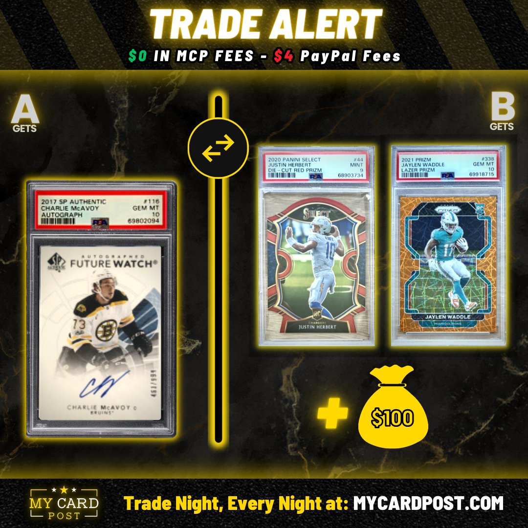 🚨Trade Alert 🚨

Join our growing #MyCardPost community today to start making some deals of your own! 🚀

#SportsCards #TradeNight #TheHobby #MCP #BuySellTrade #CharlieMcAvoy #JustinHerbert #JaylenWaddle