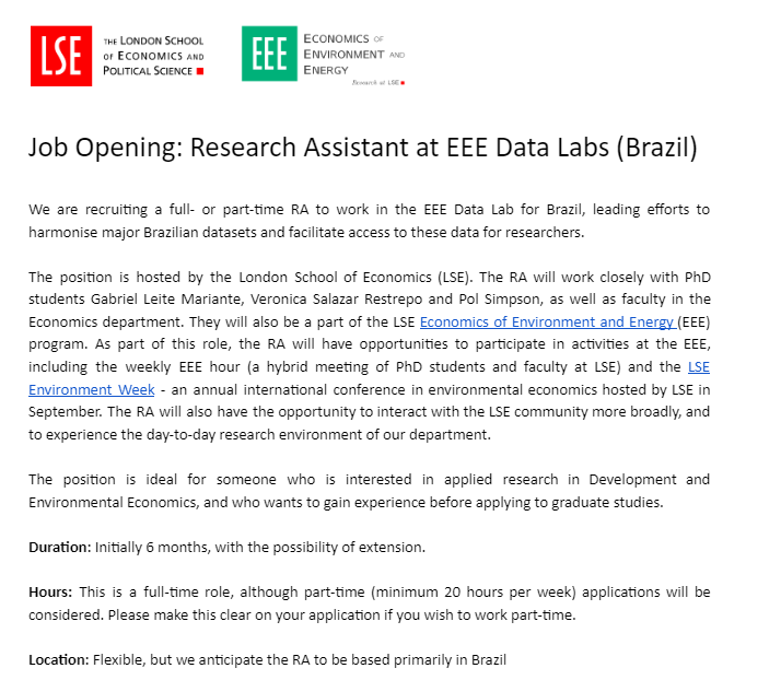 (1/3) We're recruiting! My colleagues @polsimpson, @verosalazarr and I are hiring a Research Assistant to work with us in the LSE Brazil Data Lab - a new initiative from @LSEnews to collect and harmonise microdata from Brazilian sources feeding into multiple research projects.