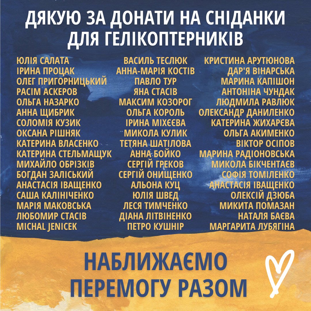🚁 Звіт про збір на сніданки для гелікоптерників 

Ми з татом дуже вдячні всім, хто доєднався до збору донатом або поширенням 🫶

Не всі імена присутні, адже монобанка на жаль не всіх показує 👀

Буду постити час від часу, як тато перетворює продукти з магазину на страви 🪄