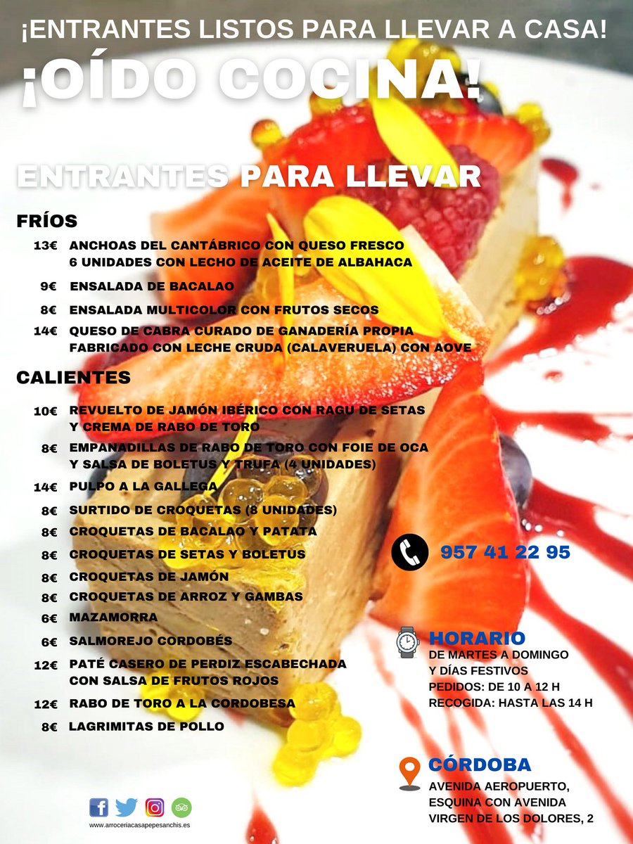 📣 ¡𝗖𝗔𝗥𝗧𝗔: 𝗣𝗔𝗘𝗟𝗟𝗔𝗦 𝗬 𝗣𝗟𝗔𝗧𝗢𝗦 𝗣𝗔𝗥𝗔 𝗟𝗟𝗘𝗩𝗔𝗥! 🔥🥘🍲😋

🏠 Hoy toca almuerzo en casa con tus entrantes y #paella favorita 🔥🥘

✔ ¡OÍDO! ⬇

📲 𝟵𝟱𝟳 𝟰𝟭𝟮 𝟮𝟵𝟱
🗓 De M a D y F
⌚ Pide d 10 a 12h
⌚ Recoge hasta las 14h
📍 Avda. Aeropuerto #CordobaEsp