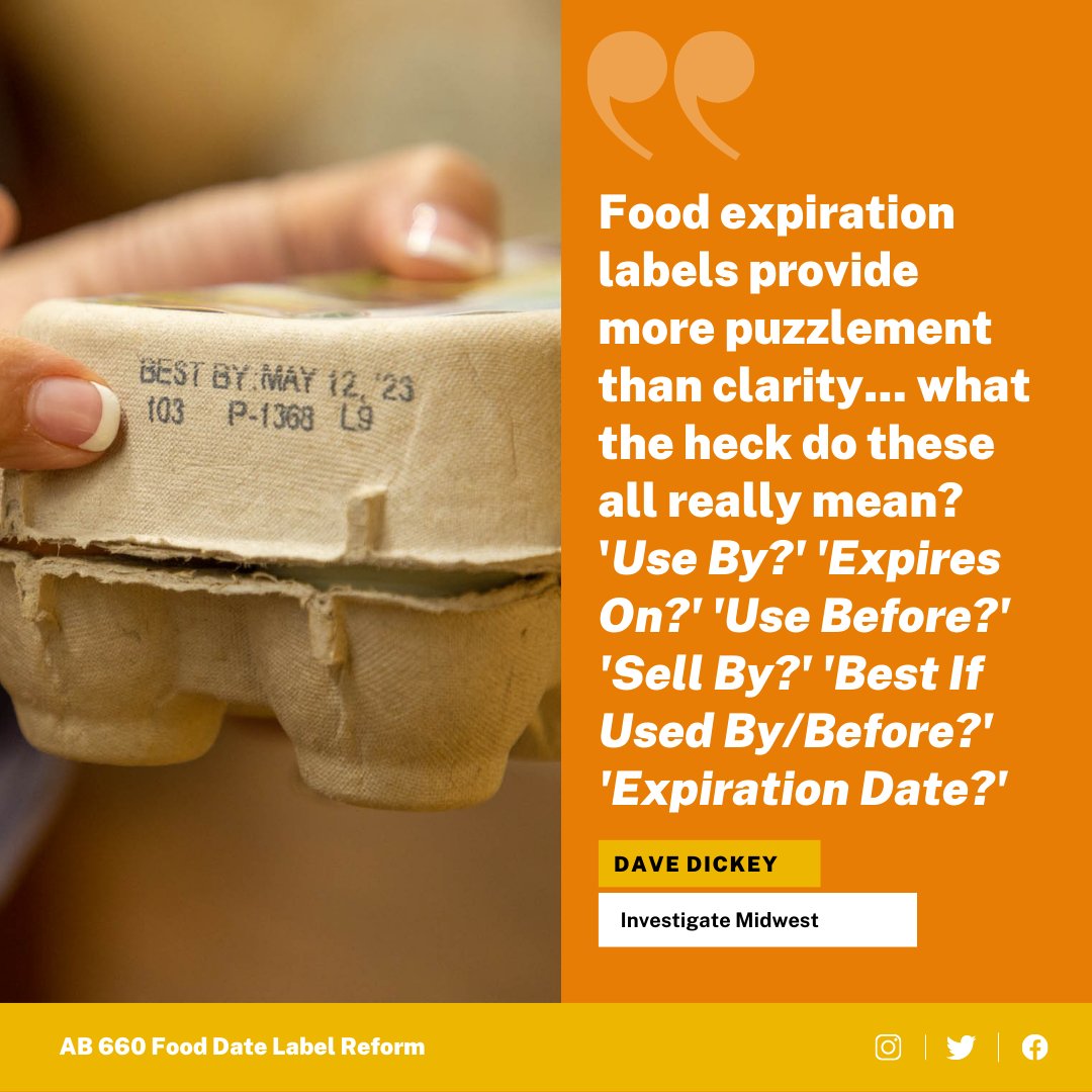 Up to 20% of food waste can be attributed to consumer confusion 🤔 about what #ExpirationDates mean

Take Action ⏰ Urge Sen Ag Committee to vote YES on #AB660 by @ASM_Irwin to simplify expiration date labels 👉bit.ly/ActNowAB660
 #FoodWastePrevention #ClimateAction @NRDC