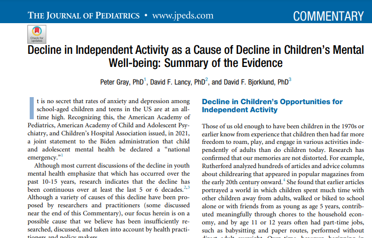 In this Commentary by Gray et al, the authors discuss if a decline in independent activity could be a cause of decline in children's mental well-being. tinyurl.com/muy2dvp8