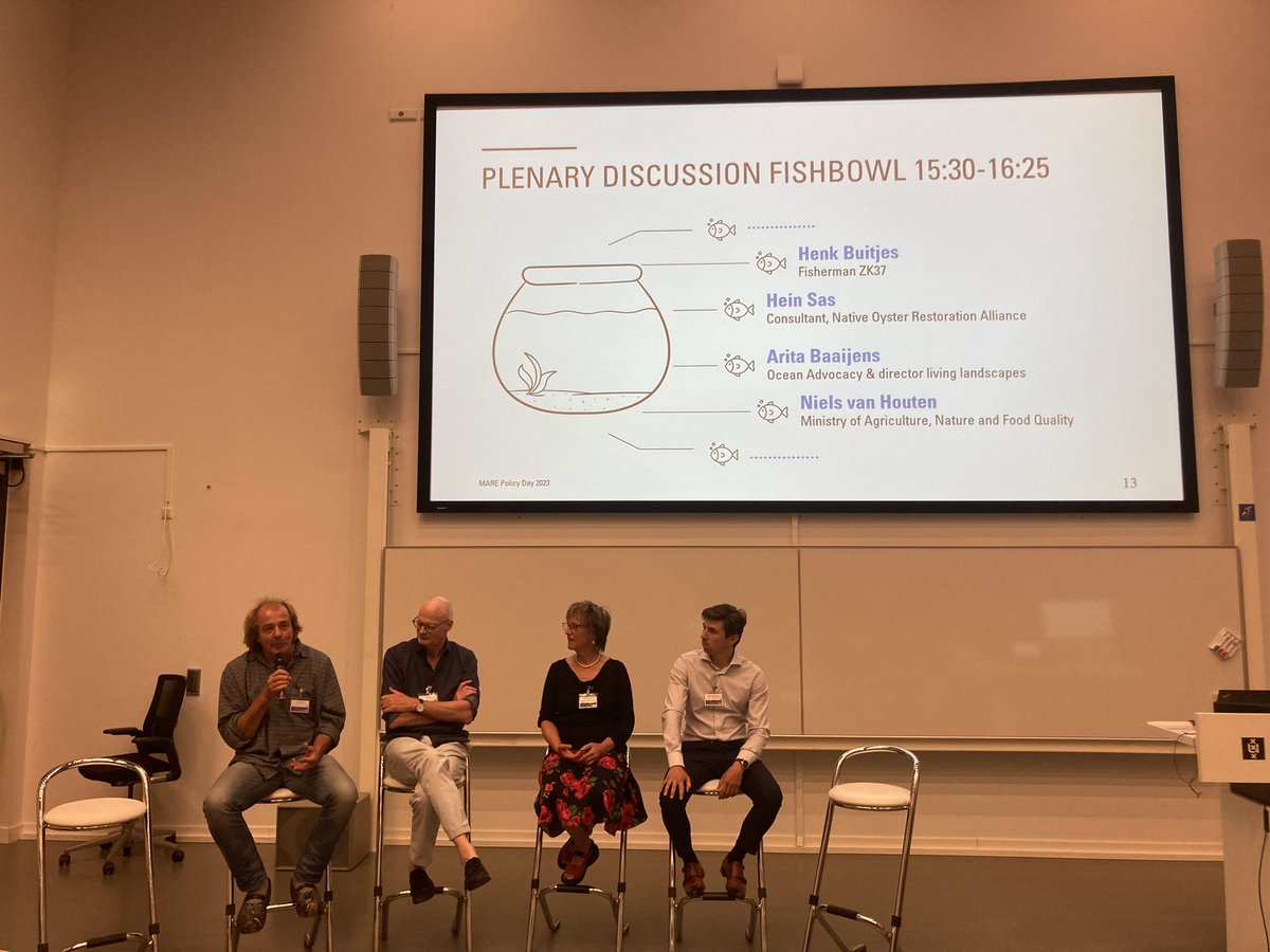 Today we had a dynamic fishbowl discussion at the <a href="/MAREcentre/">MARE</a> policy day with different (fisher, government, advocacy and consultancy) perspectives on nature enhancement and the energy transition in the Northsea. <a href="/MarloesKraan/">Marloes Kraan</a>
