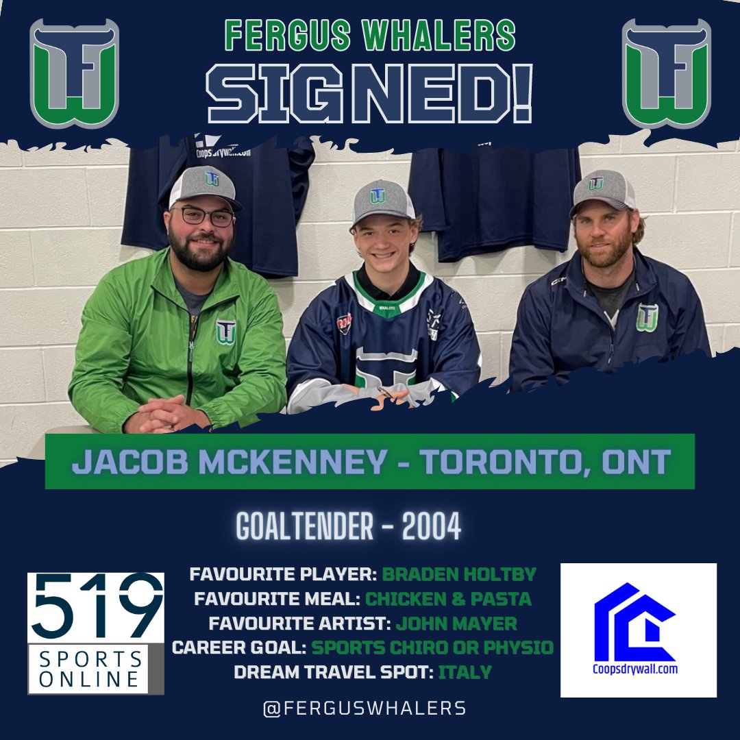 FergusWhalers's tweet photo. Official:  The Fergus Whalers Junior Hockey Club are pleased to announce the signing of 2004 born goaltender, Jacob McKenney.

Welcome to the Whalers, Jacob! https://t.co/IpOgRnQuy1