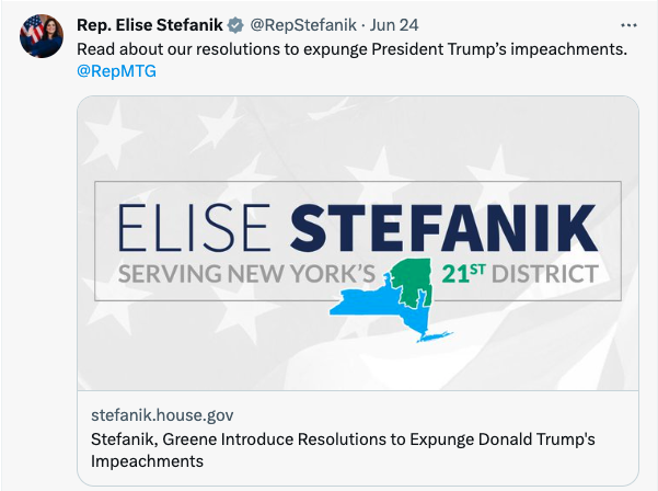 doughaney's tweet photo. Please consider that @RepStefanik has never said former President Trump is innocent of the charged impeachments, or any of the other crimes he's been indicted for. Only that he shouldn't receive consequences. #NY21 #LawForTheeNotForMe https://t.co/Au4LHVuAT6