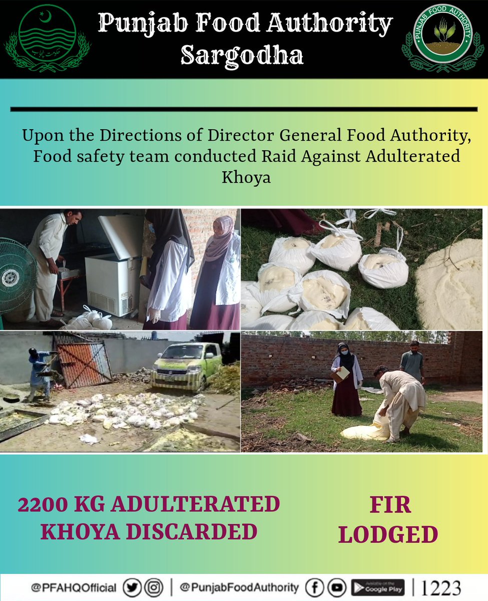 PFASAR_OFFICIAL's tweet photo. Upon the Directions of Director General Food Authority Food Safety Team of Sargodha District conducted raid against adulteration mafia. 2200Kg Adulterated Khoya discarded and FIR Lodged against culprits.
@PFA_ADGops 
@Director_North 
@PFAHQOfficial https://t.co/Dm4NsvxXqi