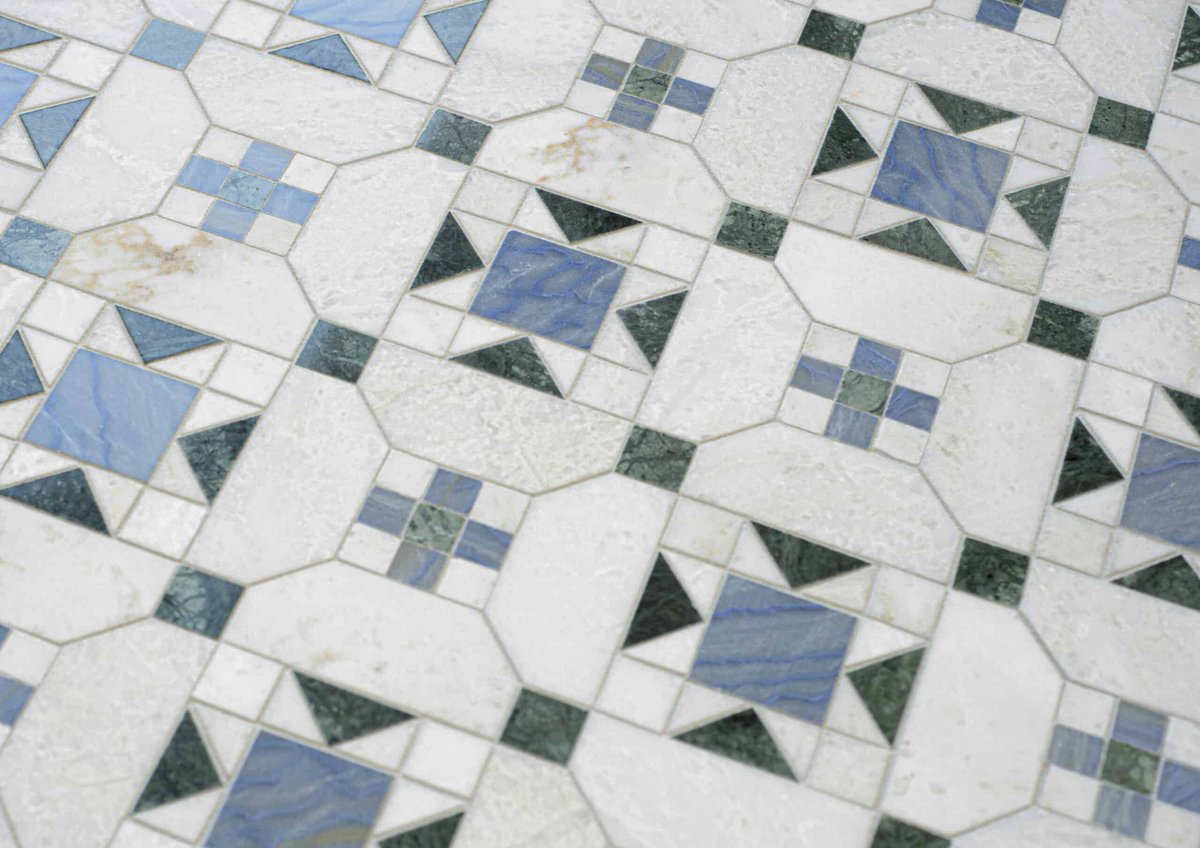 Our latest collection in collaboration with <a href="/psschatz/">Paul Schatz</a> is inspired by the contrasting symmetry and dramatic colors of ancient Roman architectural materials. Pictured here is the Starlight mosaic in Cloud Nine, Blue Macauba, and Spring Green.