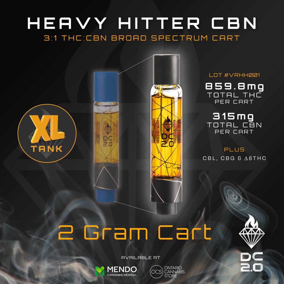 Dymond Concentrates Heavy Hitter 
- Extra Large 2 Gram Tank
- 3:1 THC:CBN Broad Spectrum 
- 859.8mg of THC per Cart
- 315mg of CBN per Cart

Available now in Ontario at participating Dispensaries, @ONCannabisStore and also across Canada @MendoMedical 

#CBN #2gramvape #vape