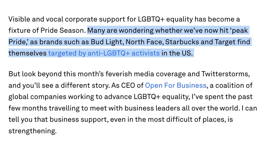 'Many are wondering whether we’ve now hit ‘peak Pride,’ ...as Bud Light, North Face, Starbucks and Target find themselves targeted by anti-LGBTQ+ activists in the US,' WEF says.

But you just need to 'look beyond this month's feverish media coverage and Twitterstorms'!