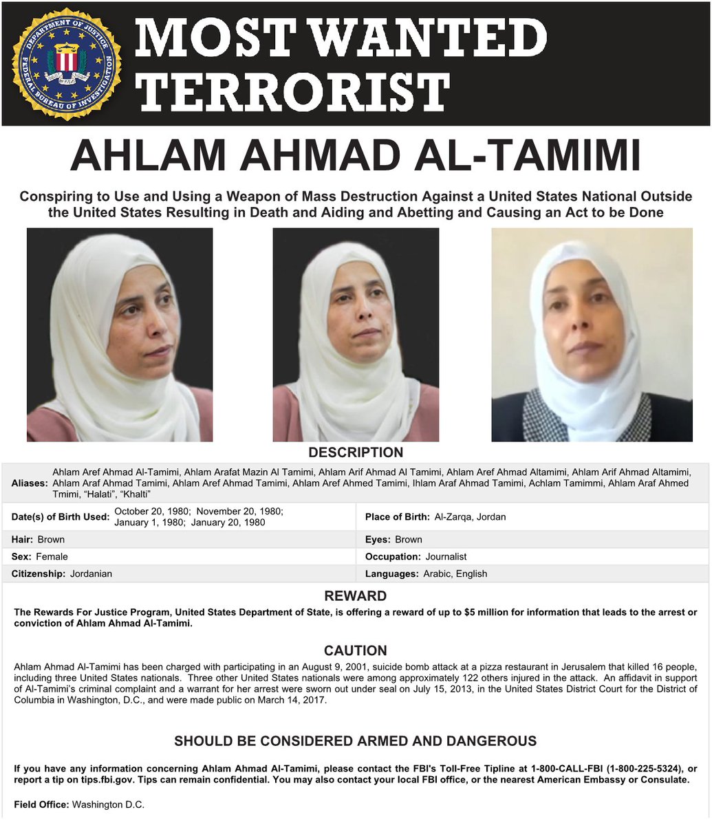 ThisOngoingWar's tweet photo. UPDATE: The Jordanian fugitive who brags of bringing a bomb to Jerusalem's @Sbarro pizzeria to murder the Jewish children inside became an @FBIMostWanted in 2017. Still free in Jordan at 43, her @FBI poster is now updated to better capture her appearance.
https://t.co/PF0WUBxgm4 https://t.co/mI7WiEduMa