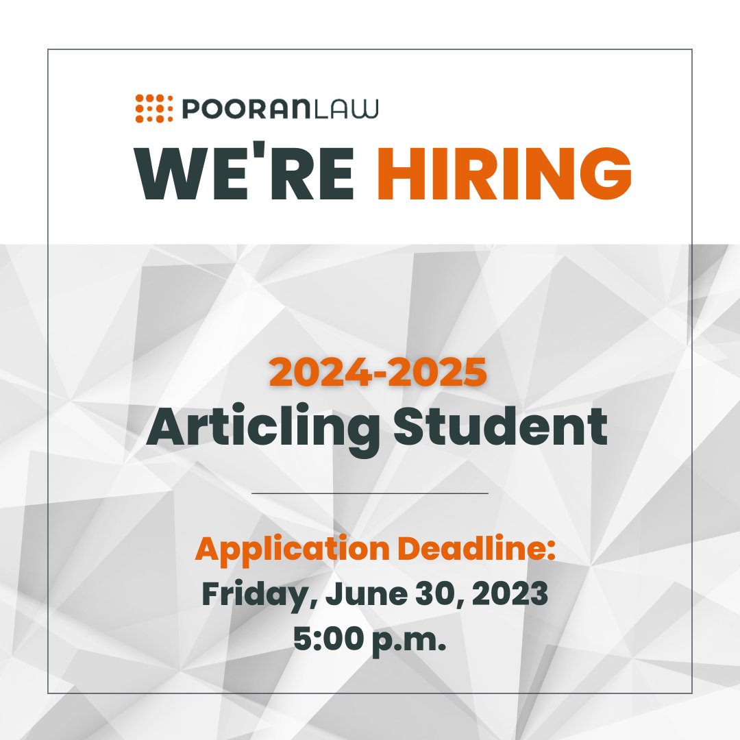 DEADLINE IS THIS FRIDAY: Do you have excellent academic &amp; professional credentials? A passion for social justice? Apply as an Articling Student before 5 p.m. on June 30. Get the full application details: pooranlaw.com/join-us/