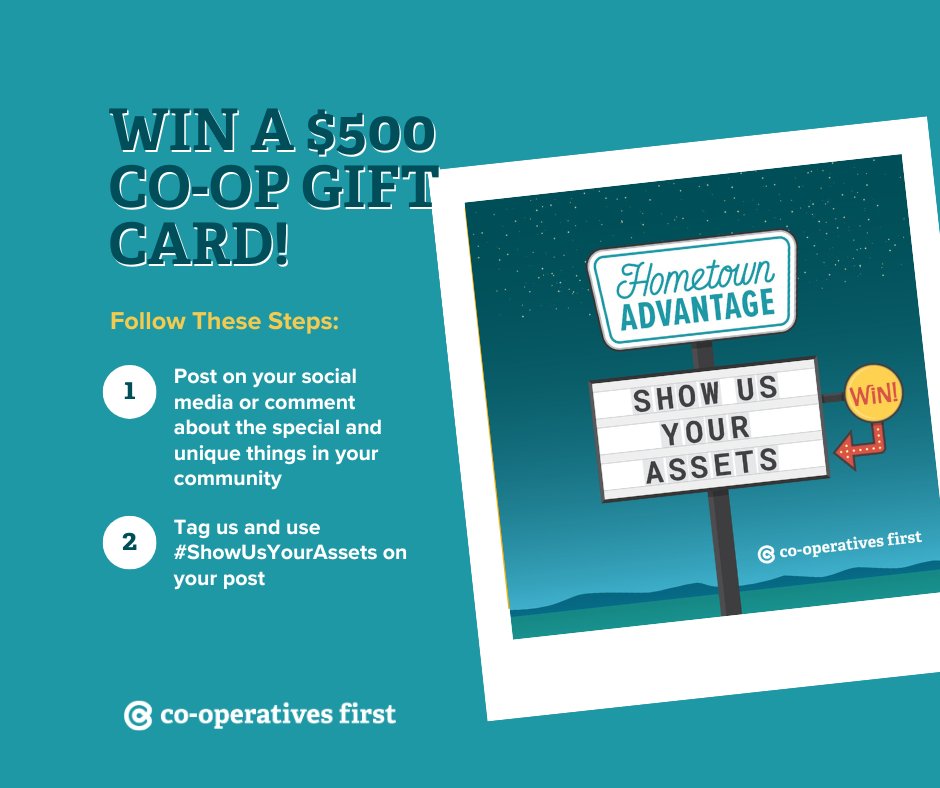 Coops_First's tweet image. We're once again giving you the chance to win one of three $500 Co-op gift cards! To enter, simply tell the world through a post or comment about something that gives your hometown an advantage. What makes your community great?
bit.ly/3MLCdze

#ShowUsYourAssets