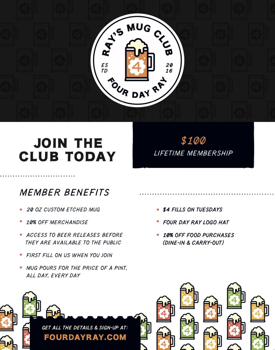 Lifetime Ray's Mug Club memberships available for purchase on our website now! 🍺 fourdayray.com/mug-club