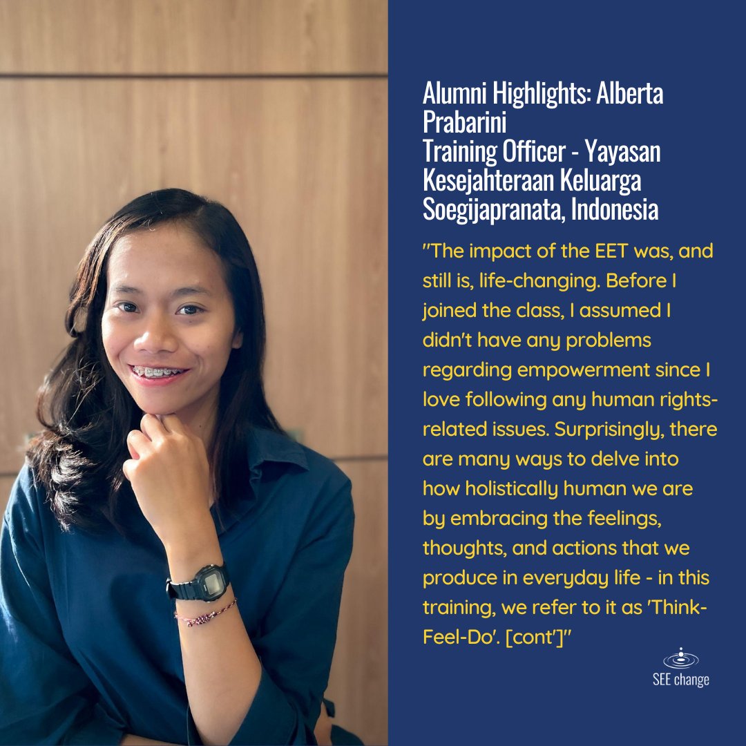 SEEChangeJHU's tweet photo. #SEEChangeAlumniHighlight Alberta Prabarini, a participant in the SEE Change Empowered Entrepreneur Training in Indonesia, shares her impressions on how the EET program has had a transformative effect on herself and those around her. Read her insights on the pictures below ➡️ https://t.co/ly3BeURrGy