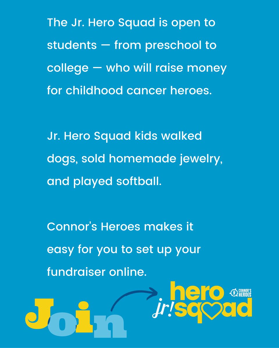 The Jr. Hero Squad is a fun way to teach kids the value of giving back to others. From July 1 - 31, your kids can turn their favorite summer activity into a FUN-raiser.
You can FUN-raise at home, virtually, or while on vacation or at camp.

SIGN UP 🔗 forms.gle/YeyafbbJ2UxdDn…