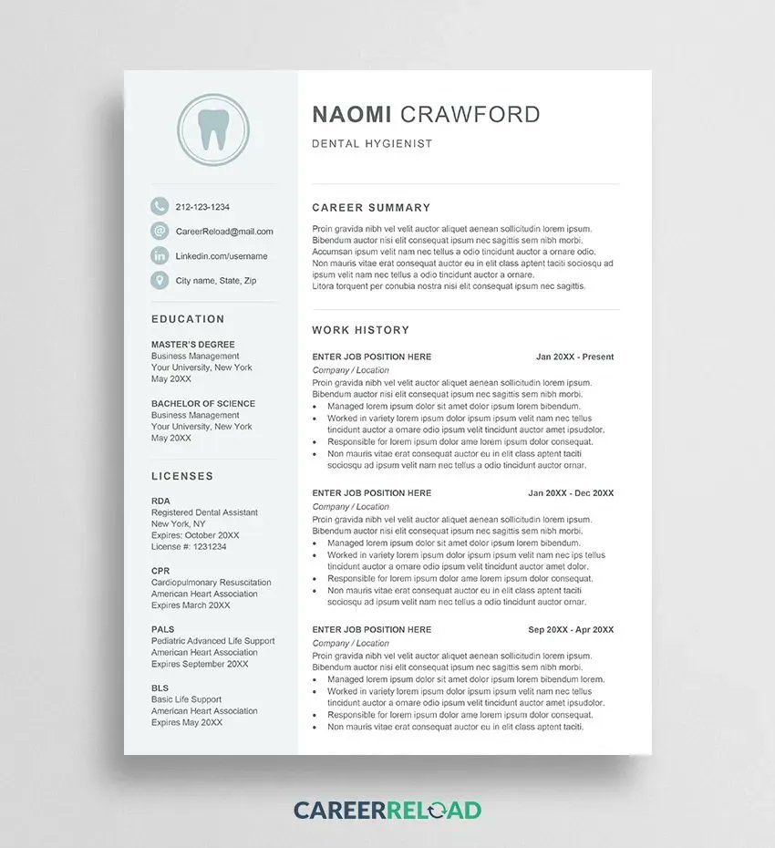 Free dental resume template that is great for dental assistants, dental hygienists, and dentists.

Download for free: buff.ly/3JvZ03p 

#ResumeTemplate #WordResume #DentalAssistant #Dental #DentalHygienist #Dentist