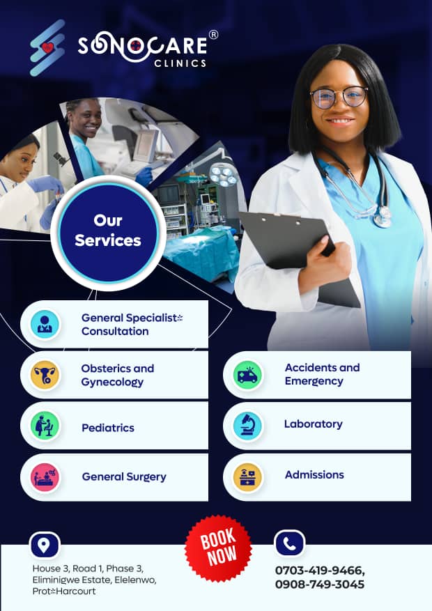 sonocareng's tweet photo. Need quality healthcare in Port Harcourt? Look no further! SonoCare Clinics offers top-notch medical services delivered by experts. Book your appointment now and experience the difference. #SonoCareClinics #Healthcare #PortHarcourt https://t.co/0ULFsUaq25