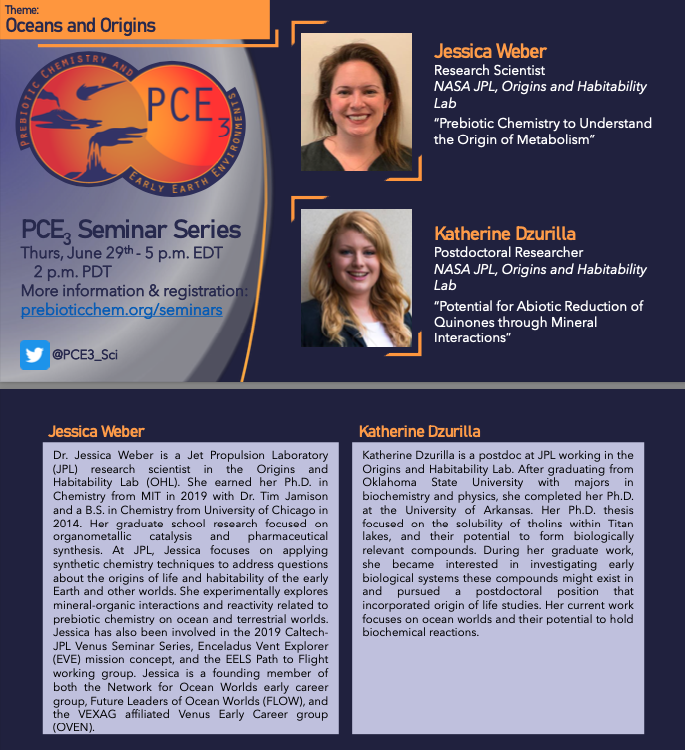 PCE3_Sci's tweet photo. The next episode of the PCE3 Seminar series is this week!
Tune in to hear about Oceans and Origins with Jessica Weber and Katherine Dzurilla from the JPL. https://t.co/QcSqPuyFIO