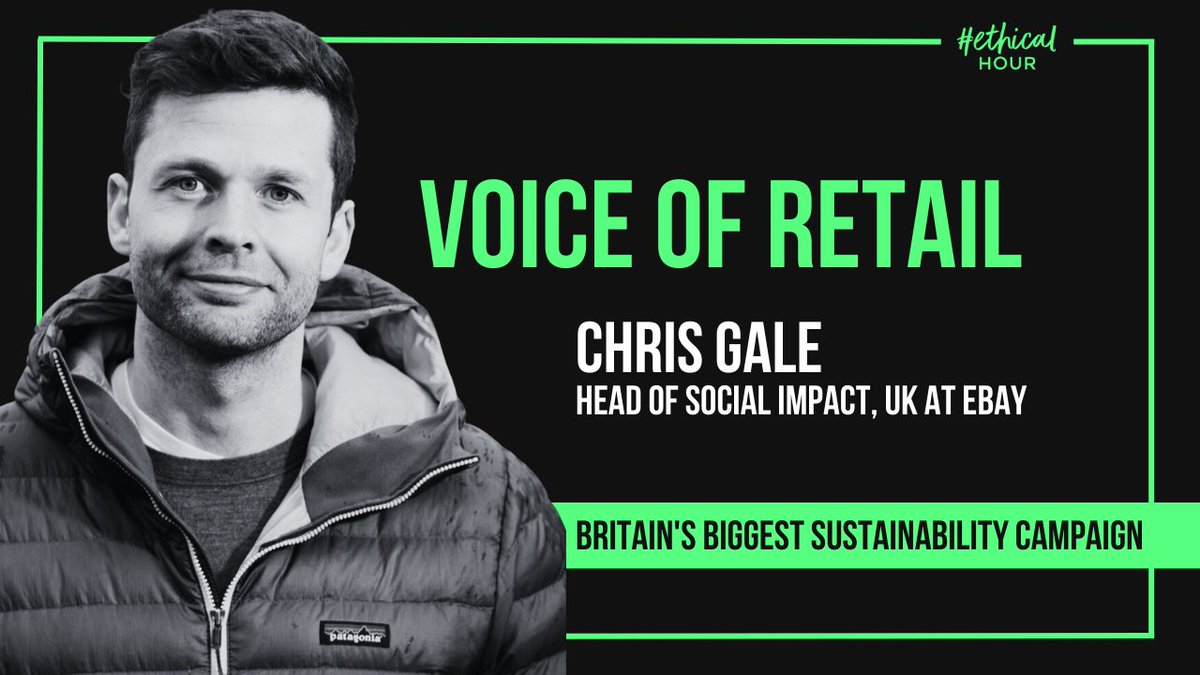 ONE HOUR TO GO!  Join us as we uncover the future of sustainable retail with @ebay_UK Head of #SocialImpact Chris Gale!

Britain's Biggest #Sustainability Campaign is back for #EthicalHour TONIGHT 8pm UK time!  

Tune in with the #EthicalHour hashtag💚

#Retail #RetailIndustry