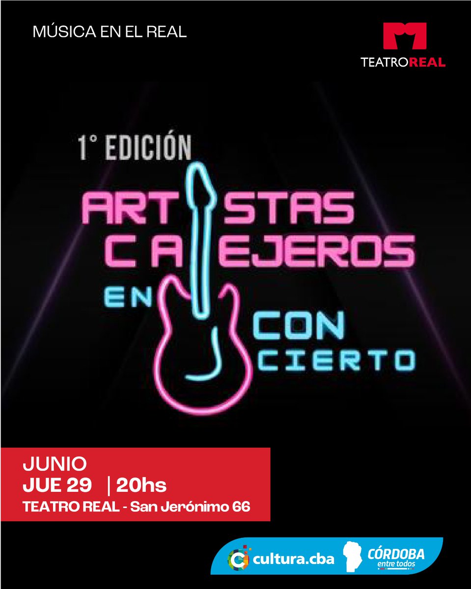 #Real2023 
1° Edición de Artistas Callejeros en Concierto

Jueves 29 – 20hs

Duración: 120 minutos
Edad recomendada: todo público
Entradas generales: $2.500 - Disponibles en autoentrada.com y en boletería del teatro
Sala Carlos Giménez

<a href="/AgCbaCultura/">Cultura CBA</a>