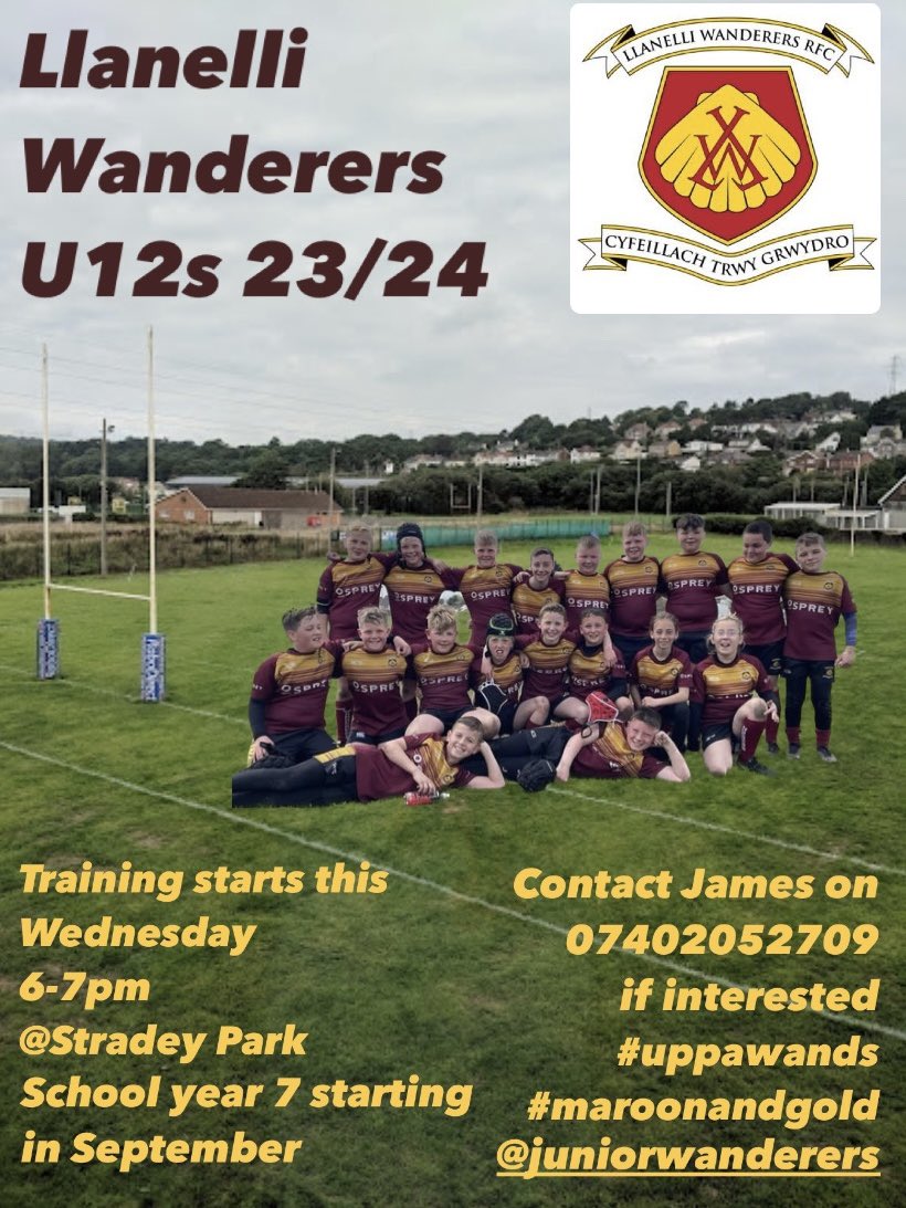 Keen to start rugby? Or join an already successful team after a great U11s season with a number of players representing Llanelli Schools? Llanelli Wanderers U12s are looking for new and old players. Come and be a part of a great bunch and a great club! <a href="/LlanelliJ/">Llanelli Wanderers Minis & Juniors</a>