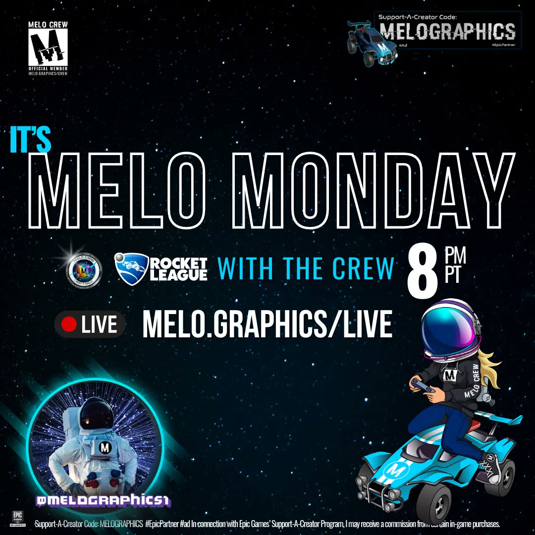 melographics1's tweet photo. It’s #MeloMonday with the #MeloCrew playing #rocketleague #live on #twitch at 8p PT 
🚀 https://t.co/nCZqjJNxzn

☕️ https://t.co/UZXUjOLSie
📺 https://t.co/3sPxSiEEun

#KofiAmabassador #MissticsRL #MadeByMELO https://t.co/TtSHsandgh