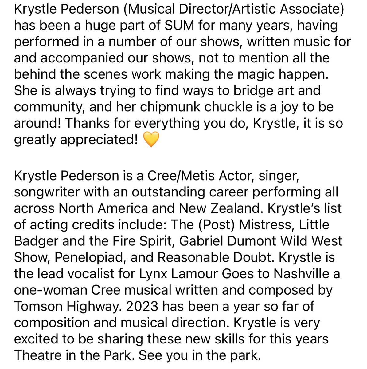 MEET THE TEAM!! 🚀
Krystle Pederson 
(Musical Director/Artistic Associate) 
💛💛💛

#meettheteam #zerogravity 
#theatreinthepark #sumtheatre 
#yxearts 
#yxe