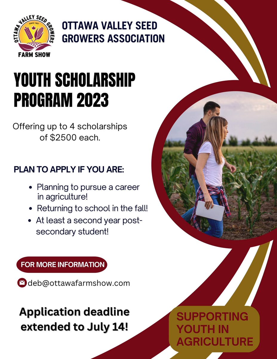 #OVSGA Youth Scholarship application deadline extended due to web site woes ... apply before July 14 ... contact deb@ottawafarmshow.com for more information! #futureofag