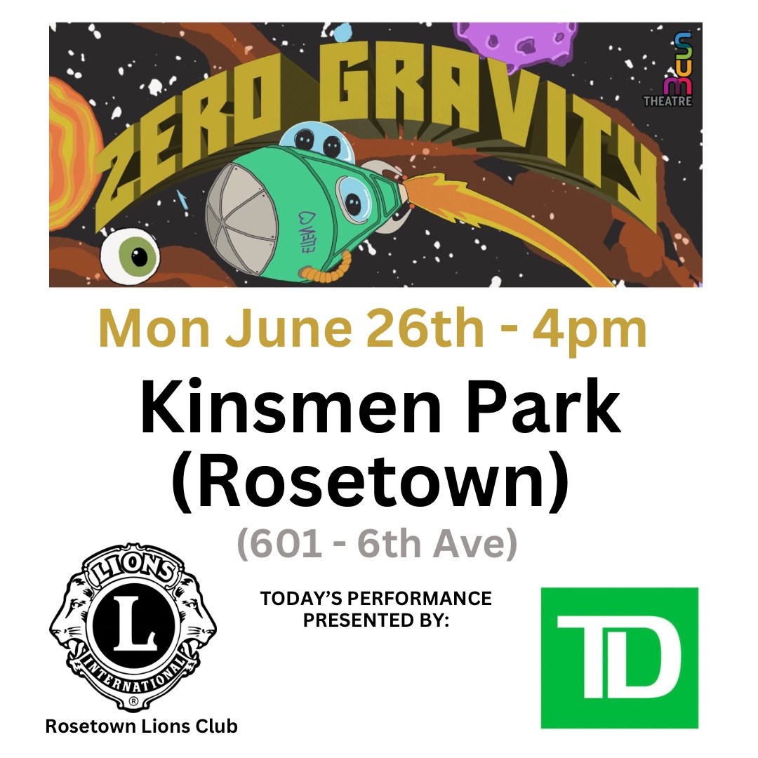 We’re hitting the road this week!!
First up.. ROSETOWN!! 🌎💛🌳✨

Today’s performance presented by: The Lions Club of Rosetown and <a href="/TD_Canada/">TD (Canada)</a>  💛 

See you at 4pm in Kinsmen Park (Rosetown)!
🌎🚀🎶 

More Info:
SUMTHEATRE.COM 

#rosetown
#sk