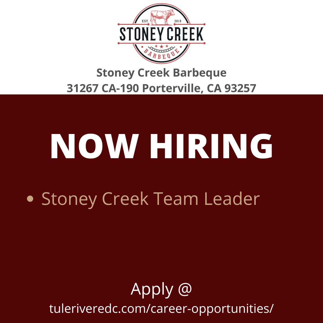 Now hiring. Stoney Creek Team Leader. Apply at tuleriveredc.com/career-opportu…

#NowHiring
#StoneyCreekBBQ
#StoneyCreek
#Porterville
#TeamLeader