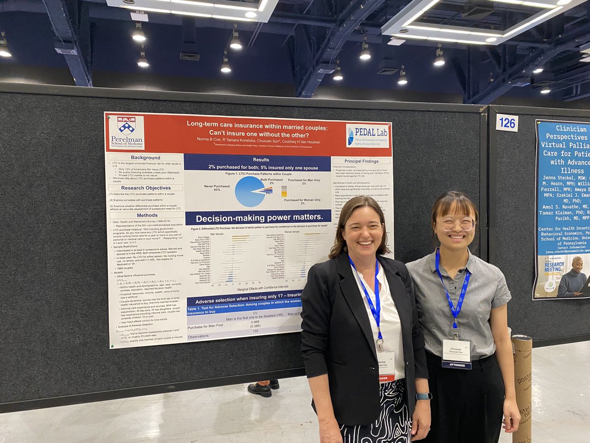 ⁦Decision-making power matters in how couples insure their long-term care risk. @nbcoe1⁩ and Chuxuan Sun at the 8:30 am poster session #Arm23 ⁦@PennLDI⁩ ⁦@PennPARC⁩