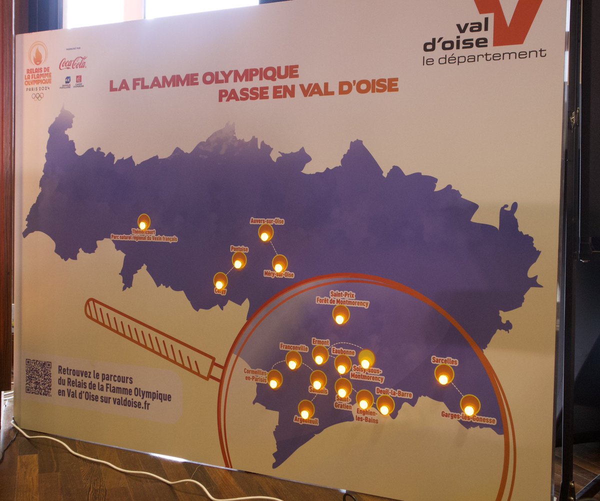 Prefet95's tweet photo. 🔥 #JO2024 | C’est officiel ! La flamme olympique traversera le #valdoise le 19 juillet 2024 ! 

🔥 130 porteurs se relaieront sur 200 mètres chacun, pour traverser pas moins de 18 villes du département ! 

🗣️ Marie-Christine Cavecchi, présidente du conseil départemental du @valdoise, Philippe Court, #préfet95, et Xavier Haquin, conseiller départemental délégué à l’olympisme et au paralympisme, aux côtés des élus locaux ce soir pour l’annonce officielle du parcours. 

👉 Théméricourt
👉 Auvers-sur-Oise 
👉 Méry-sur-Oise 
👉 Cergy 
👉 Pontoise
👉 Sarcelles 
👉 Garges-lès-Gonesse 
👉 Cormeilles-en-Parisis 
👉 Franconville 
👉 Sannois 
👉 Argenteuil 
👉 Saint-Prix
👉 Soisy-sous-Montmorency 
👉 Ermont
👉 Eaubonne 
👉 Saint-Gratien 
👉 Enghien-les-Bains 
👉 Deuil-la-Barre